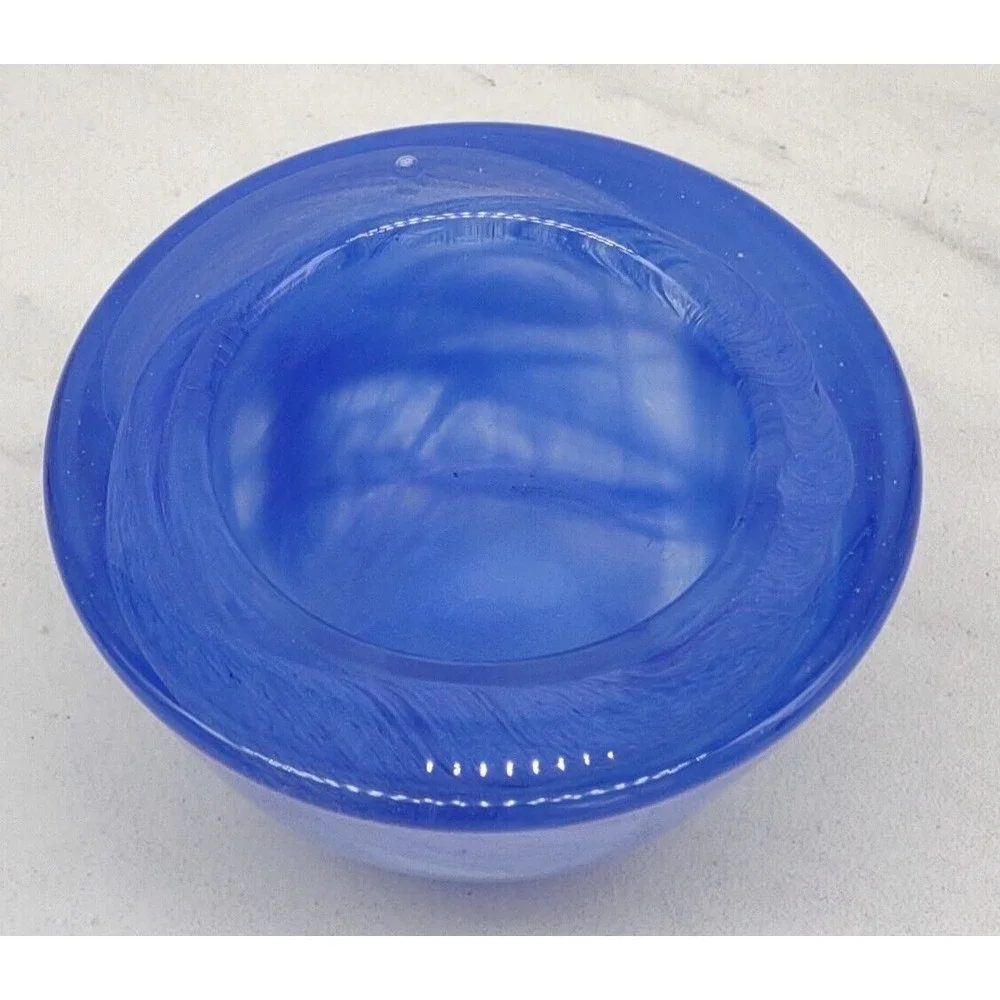 Hand Blown Cobalt Blue Swirl Art Glass Round Votive Candle Holder - Picture 3 of 14